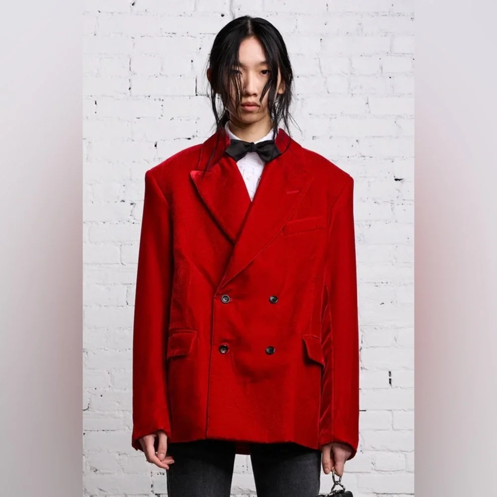 R13 DB Peak Lapel Ragged Blazer, Red Velvet - Picture 11 of 17